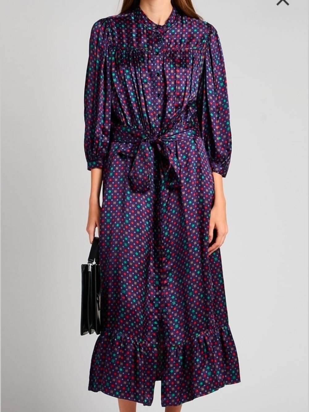Sandro Dress Satin Midi Multicolor Purple Blue 3/4 sleeve Size EU 40 US L NWT